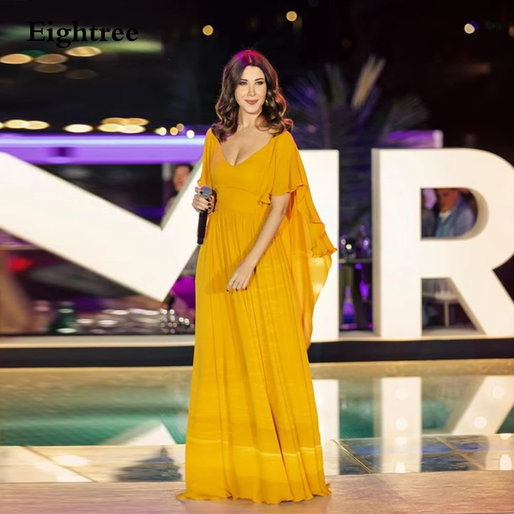 Arábia saudita amarelo longo com decote em v noite vestido de festa mangas curtas uma linha celebridade vestidos de baile vestidos de festa