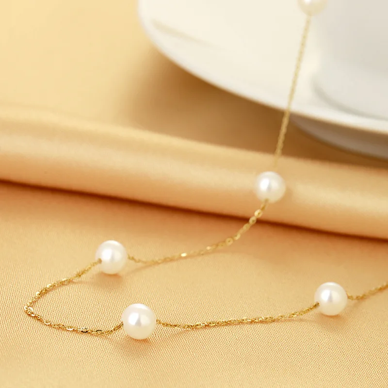 Real 18K Gold Chain Necklace Round Pearl Gypsophila Necklace For Women,Freshwater Pearl Choker Necklace Wedding Jewelry