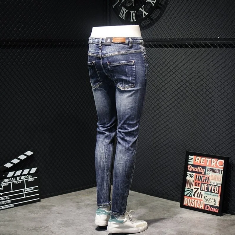 Fashion 2022 Korean Mens Skinny Jeans Streetwear Distressed Ripped Pants Casual Pencil Pants Male Classic Blue Denim Trousers