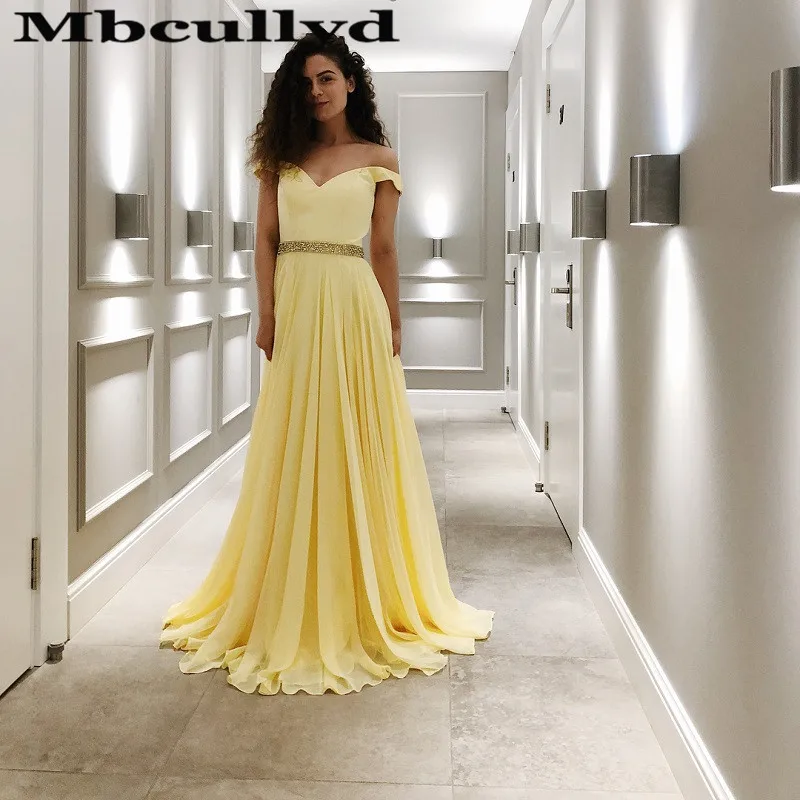 

Mbcullyd Chiffon Off Shoulder Prom Dresses Long 2023 Beaded Waist Evening Party Dress For Women Cheap Plus Size robe de soiree