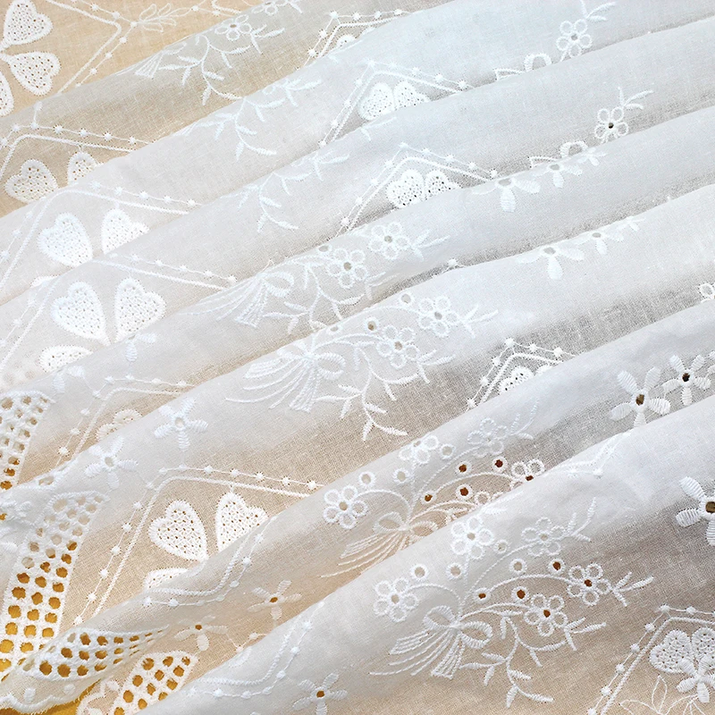 Cotton Fabric 1 yard Ivory Bow Flower Embroidered Cloth Blouse Top Dress Skirt Sewing Material 135cm 53