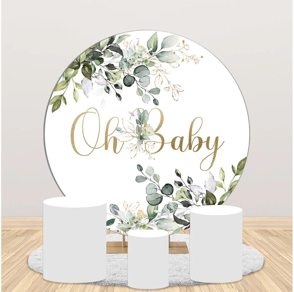 

Oh Baby Backdrop Round Circle Photo Background Green Leaf Glitter for Baby Shower Party Background Newborn Baby Shower Portrait