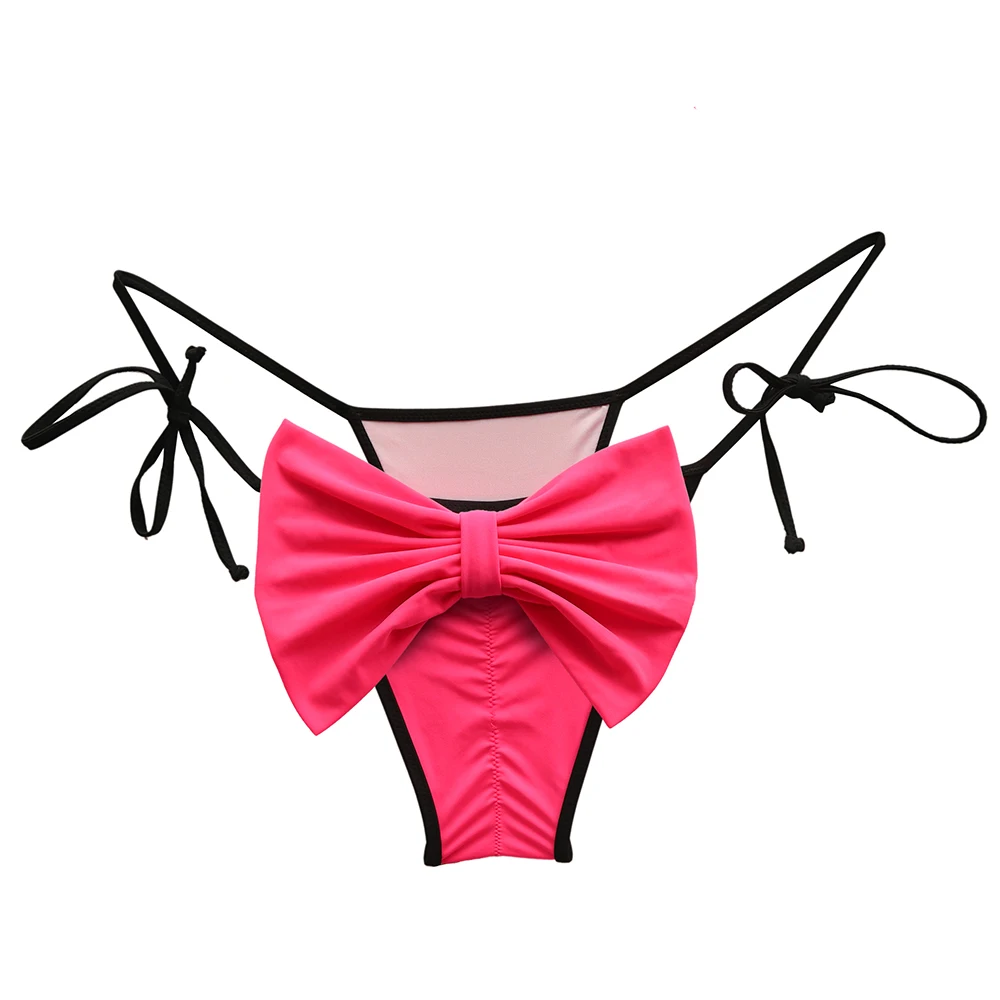 Summer Woman Bow Bikini Bottom Low Waist Trunks for Girl Swimming Swimsuit Biquini Brazilian Sexy Swimwear Pink Green Thong