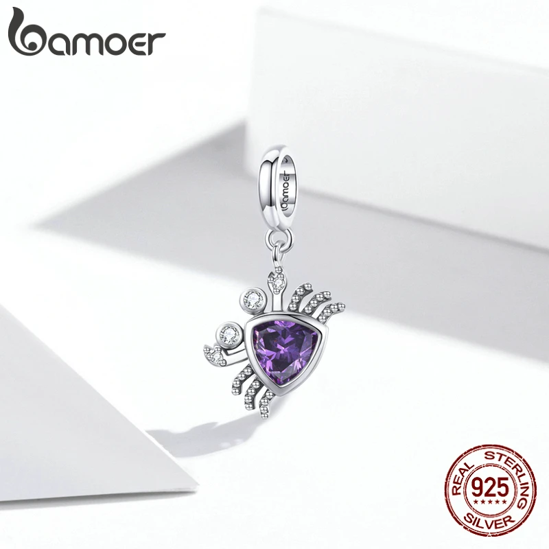 bamoer Silver Lovely Crab Animal Purple Gem 925 Sterling Silver Charm Pendant for Original Bracelet Bangle Making Jewelry BSC458