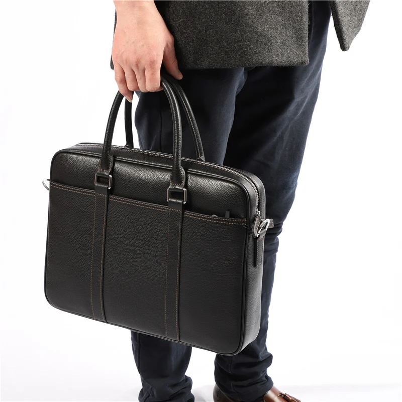 Nesitu High Quality New Black Genuine Leather 14\'\' Laptop Office Men Briefcase Business Men\'s Messenger Bags Portfolio M200605