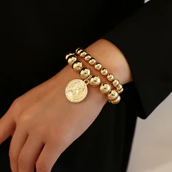 Flashbuy Punk Vintage Gold Color Bead Bracelets For Women Handmade Portrait Coin Bangles Hip Hop Fashion Jewelry Friendship Gift