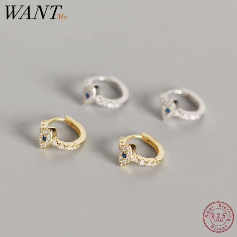

WANTME Trendy Punk Blue Crystal Zircon Evil Eye Stud Earrings for Women Genuine 100% 925 Sterling Silver Demon Eye Jewelry Gift