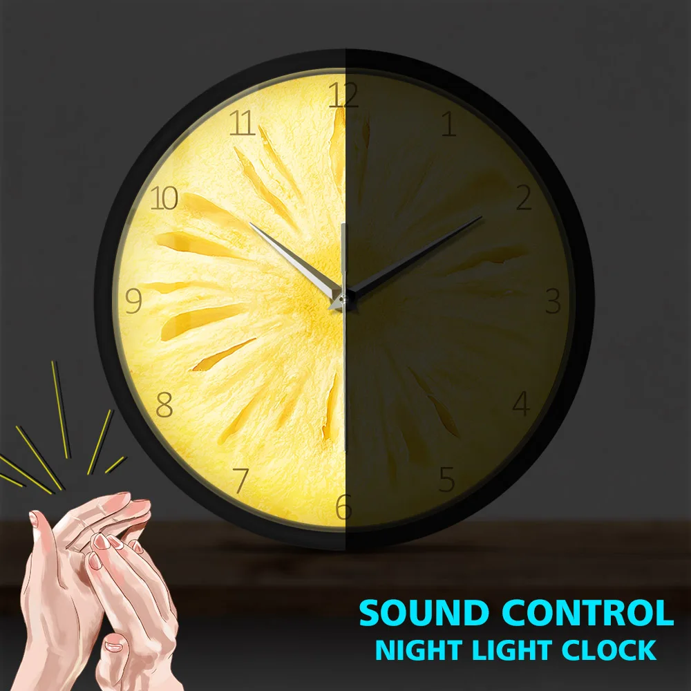 Pineapple Fruit Slice Sound Control Wall Clock Shop Boss Kitchen Time Watch  With LED Illumination Night Light Lamp