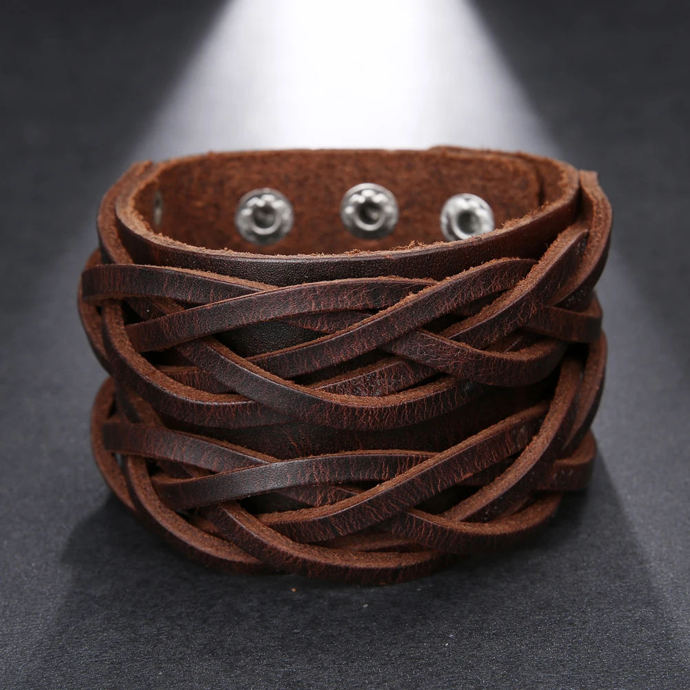 2025 Trend Jewelry Vintage Hand Woven Leather Bracelet Cuff Wide Leather Bracelet Men\'s Accessories Pulsera Hombre