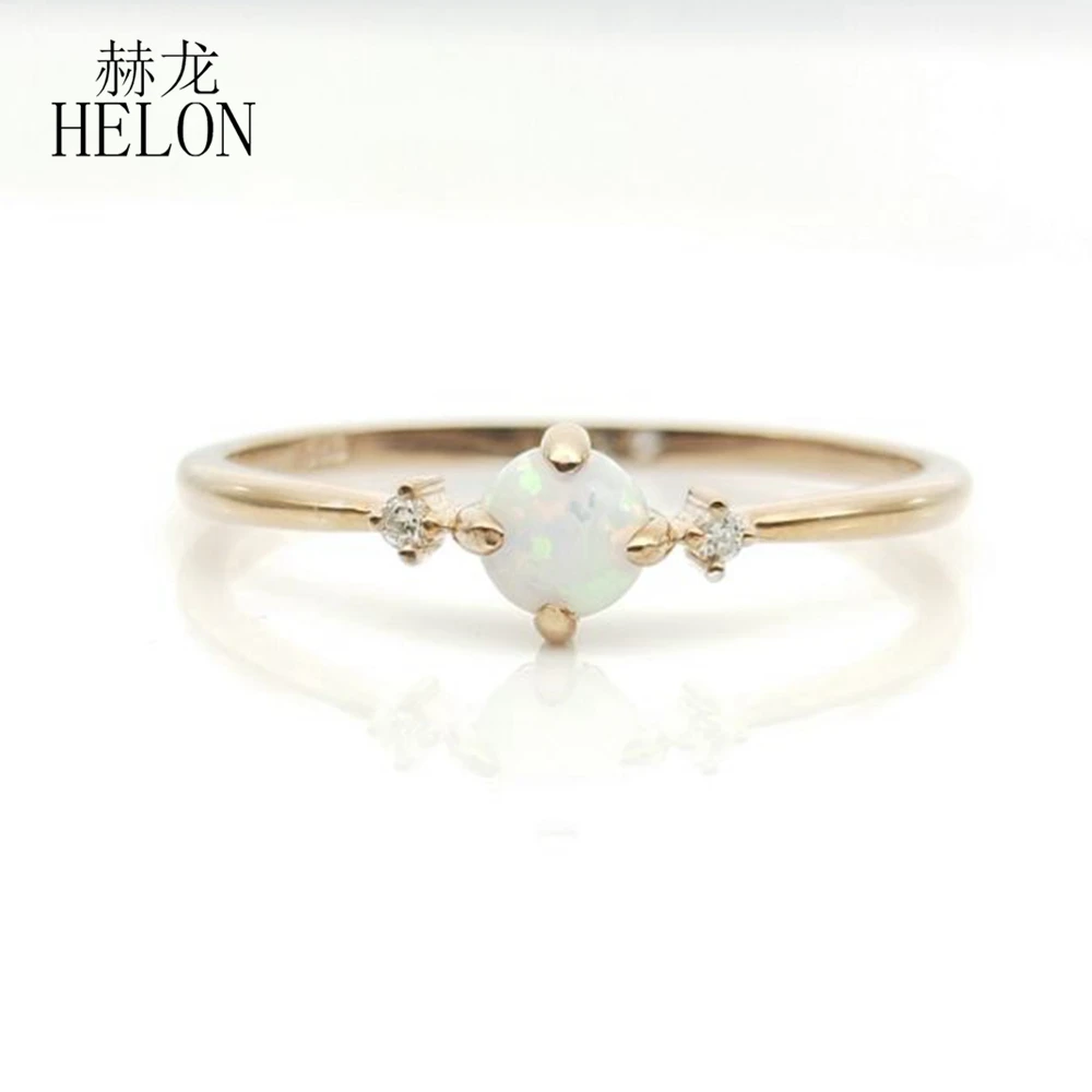 

HELON Sterling Silver 925 Round cabochon 4mm Synthetic Opal & Cubic Zirconia Engagement Wedding Ring Women Trendy Fine Jewelry