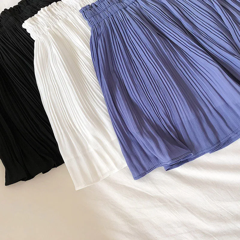 Solid Chiffon Summer Shorts Skirt Women Fashion Korean Elastic Waist Pleated Mini Skirt Casual Beach Faldas Saias