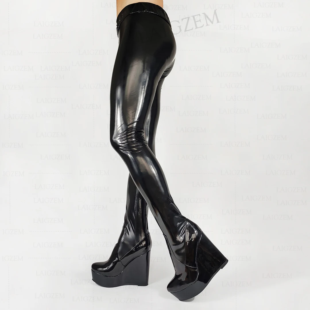 LAIGZEM Customize Women Pants With Boots Platform Wedges Pantyhose Stretchy Boots Cosplay Unisex Shoes Woman Big Size 41 46 52