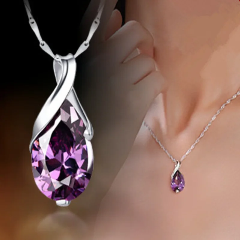 New Silver Colour Necklace Angel Tears Crystal Purple Pendant Necklace for Woman Charm Jewelry Gift