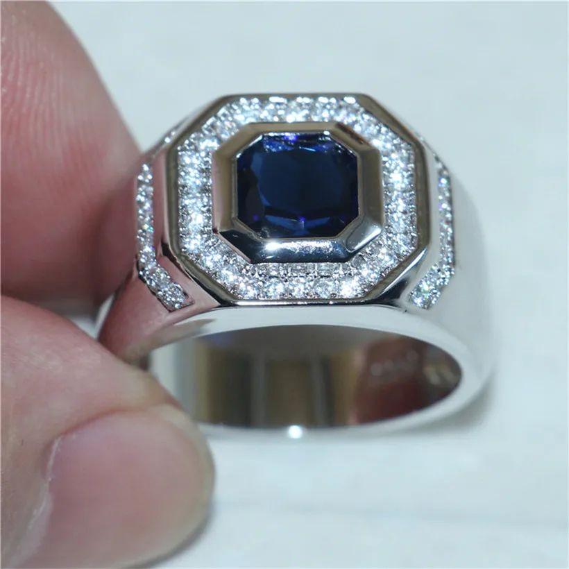 Men\'s Luxury 925 Sterling Silver Blue Sapphire Rings Engagement Wedding Band ring jewelry boys