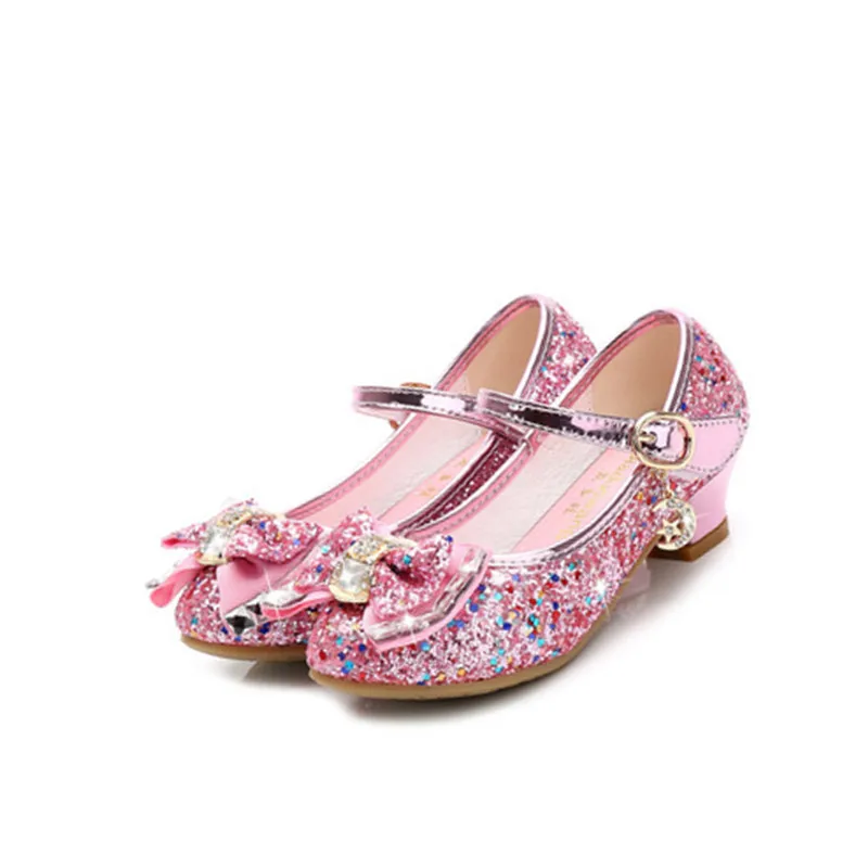 Zapatos de piel de tacón alto para niñas, con brillos, nudo, mariposa, informales, de princesa, flores, mariposa, azul, rosa, plateado, 2020