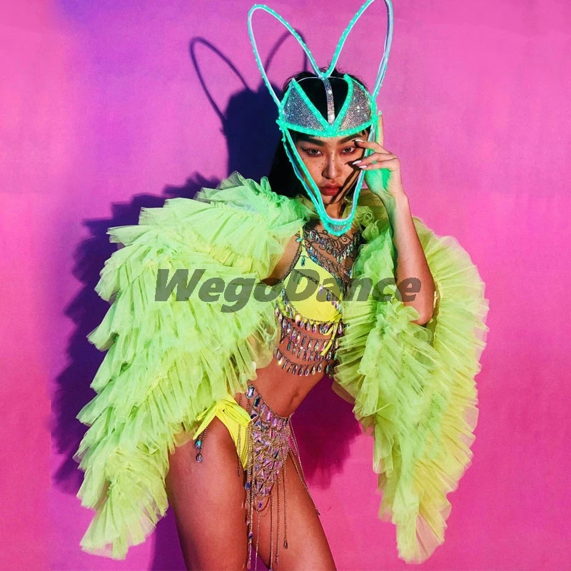 Fluorescent Green Bikini Women Costume Suit Jacket Body Chain Nightclub Bar Stage Model Catwalk DJ Performance Dance Wear