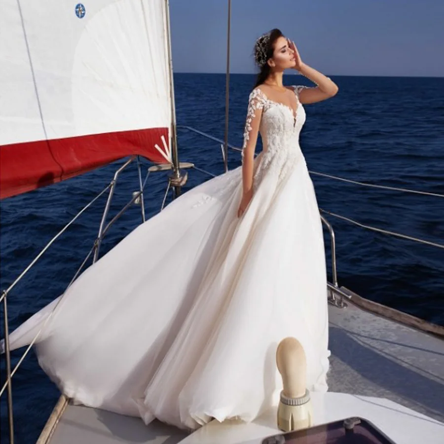 Vestido De novia De manga larga, ropa De boda con ilusión encantadora, cuello redondo, con apliques, De tul, para playa