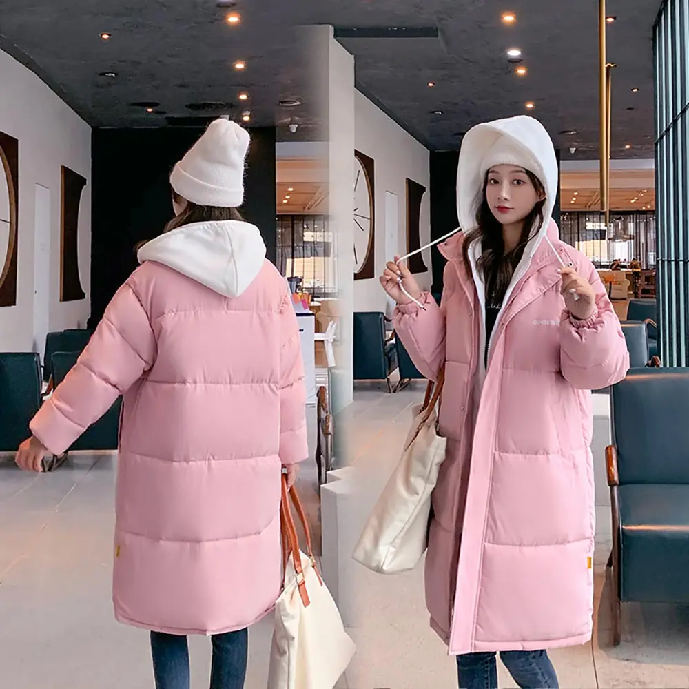 PinkyIsBlack 2021 Snow Wear Long Winter Coat Women Spliced Hooded Warm Parkas Female Hooded Padded Winter Jackets Women Clothing