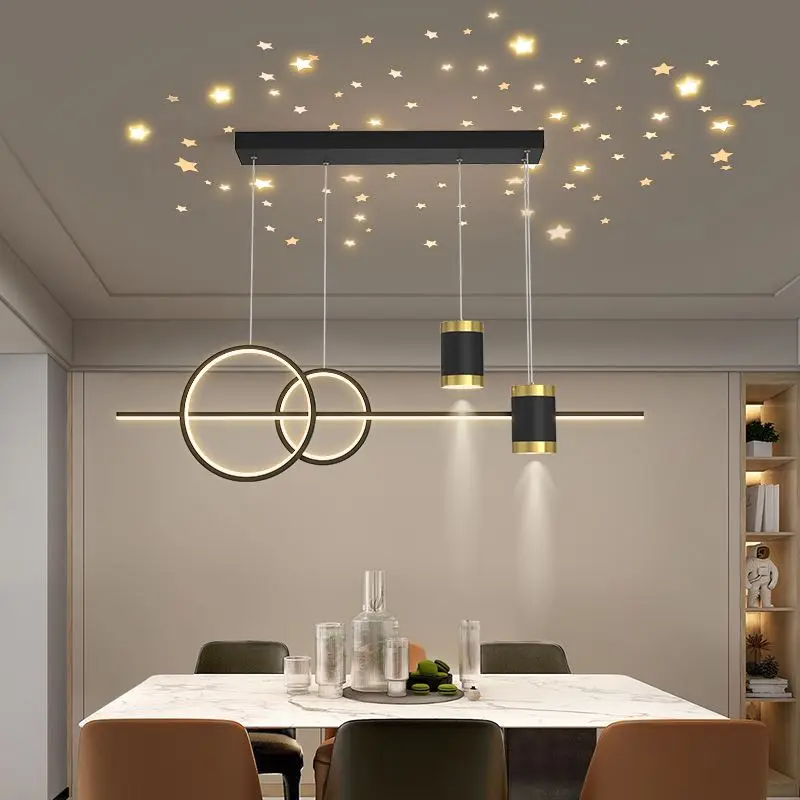 Modern LED Hanging Lights Restaurant Iron Gold Black Long Strip Starry Sky Top Hotel Dining Table Living Room Bar Pendant Lamp