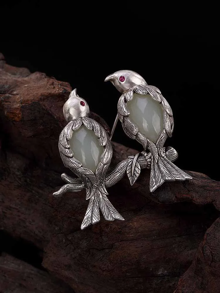 

S925 sterling silver vintage inlay natural white stone magpie brooch female high quality woman brooch pendant