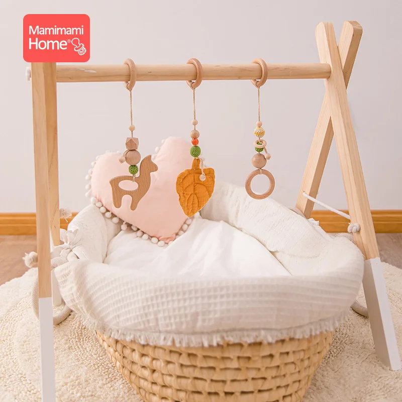 

3pc Baby Wooden Teether Baby Play Gym BPA Free Wood Pendant Sensory Ring-Pull Beech Ring Children'S Goods Crib Rattle Toys Gifts