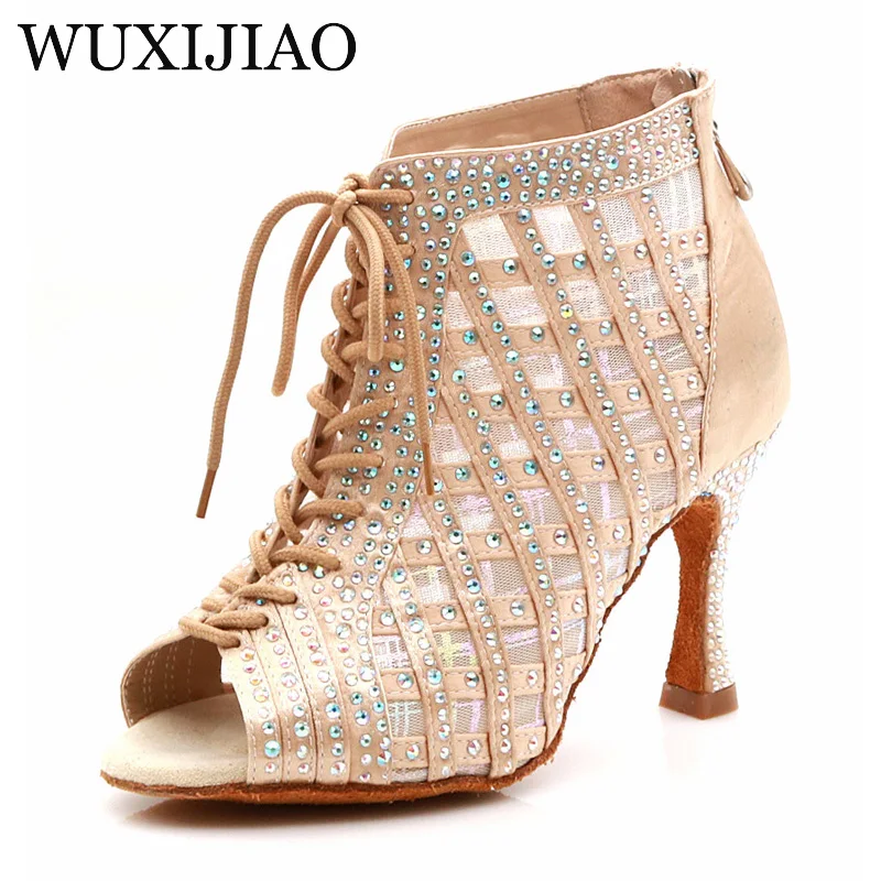 WUXIJIAO Latin dance high boots shoes soft sole shoes salsa ballroom ladies mesh dance shoes Cuba high heels  9CM