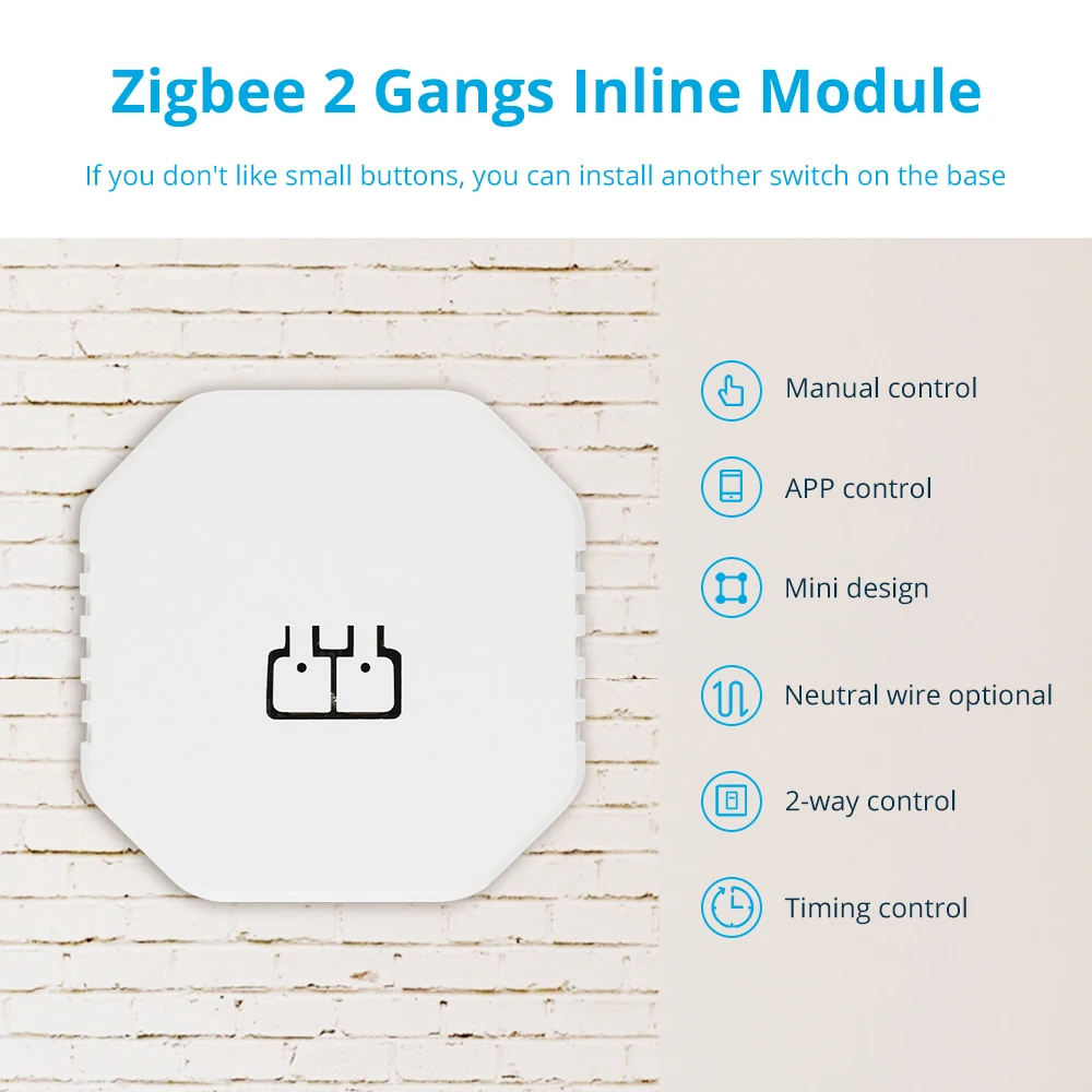 Zemismart Zigbee Inline Module Switch Work with Tuya Mini Light Switch 2 Gangs 2 Way Neutral Optional Alexa Google Home