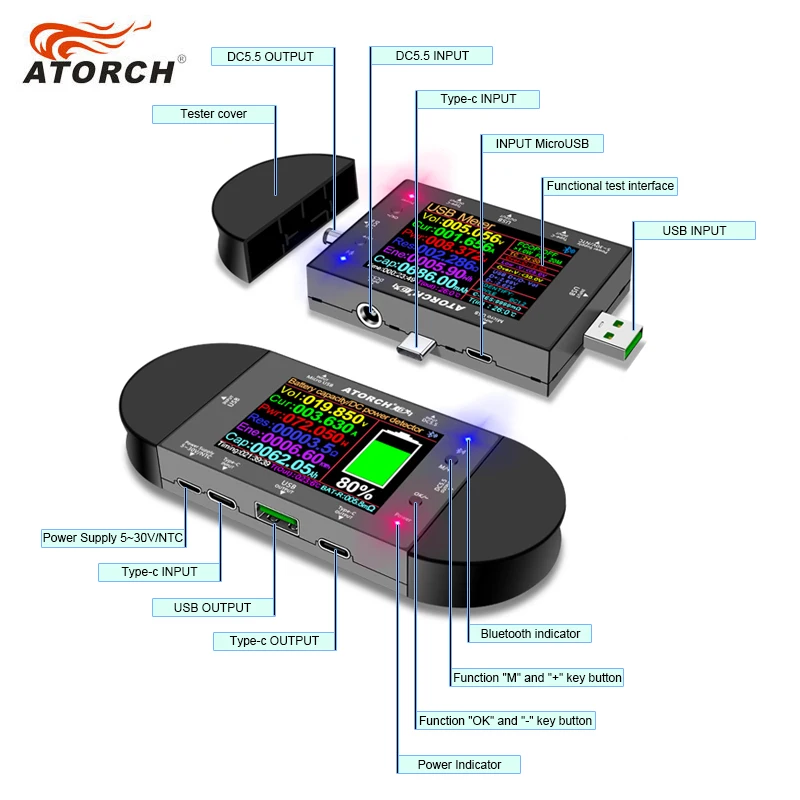 Imagem -05 - Tipo-c Usb Tester Digital Voltímetro Medidor Mais Ntc Temperatura Sonda Mais Jacaré Clipe Cabo Mais 18650 Bateria Caixa Ud24 Dc5.5