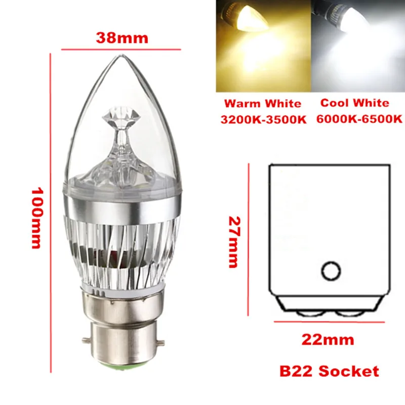 B22 9W/12W/15W LED Candle lamp AC85-265V Silver/Gold led spotlight 3000K/4000K/6000K LED Bulb Lamp Crystal light