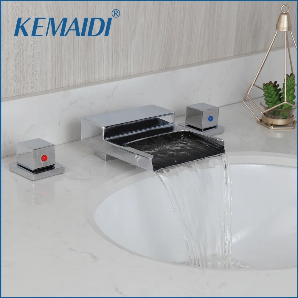 

KEMAIDI Bathroom Chrome Finish 3 PCS Waterfall Shower Set Bathtub Tub Shower Faucet 2 Handles Tub Mixer Taps