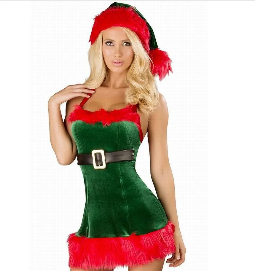 Kerst Dames Fluwelen Gevederde Slinger Jurk Groen Rood Wit Santa Claus Kostuum Cosplay Jurk Met Fluwelen Hoed, Been Protector