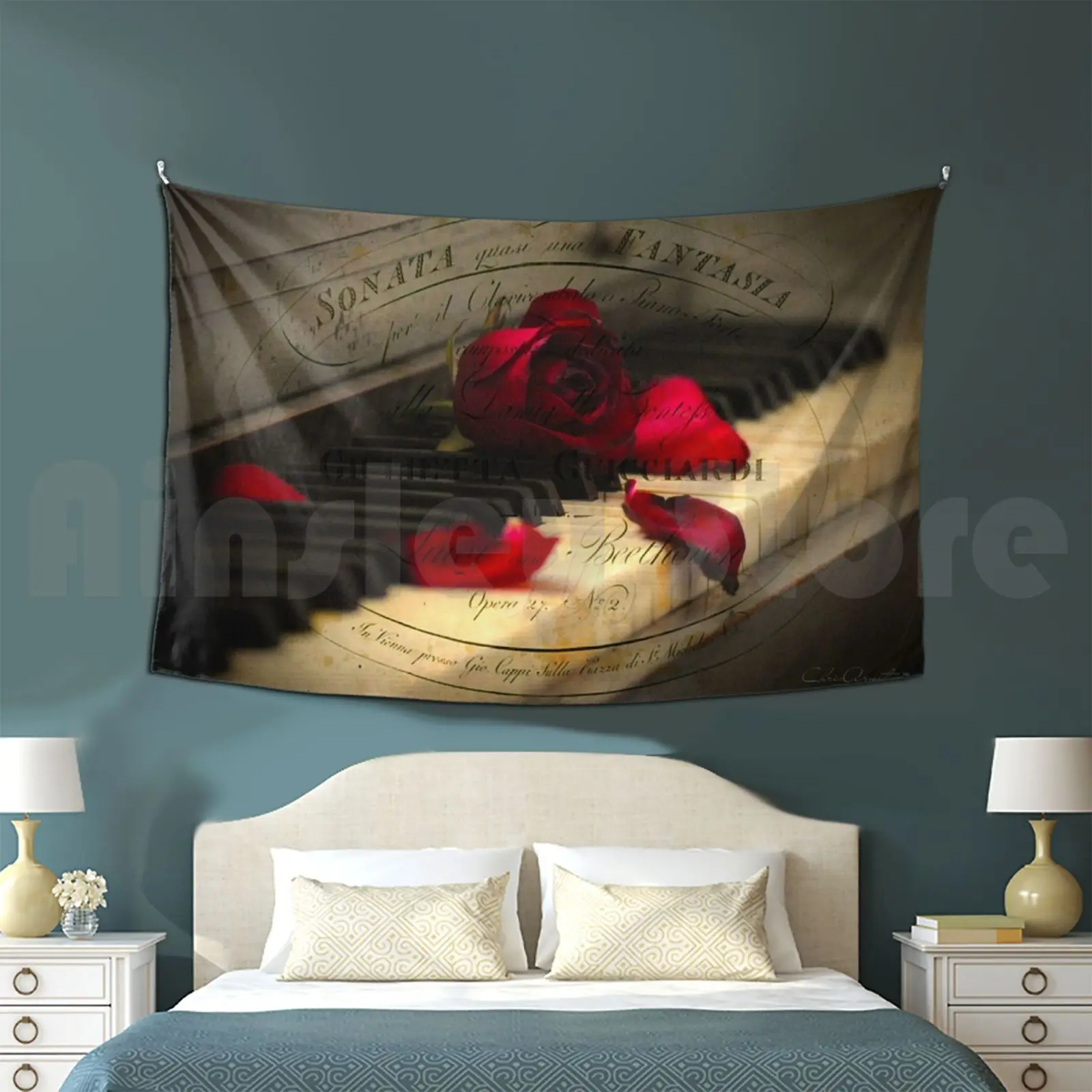 Sonata In Roses Tapestry Living Room Bedroom Vintage Piano Keys Dark Red Roses Petals Beethoven Moonlight Sonata