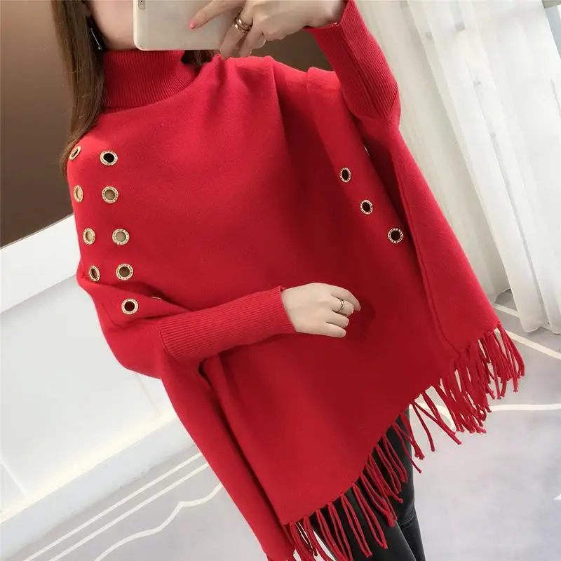 2023 Bat Sleeve Loose Sweater Turtleneck Cloak Jacket Autumn Winter New Sweater Women\'s Hedging Tassel Shawl