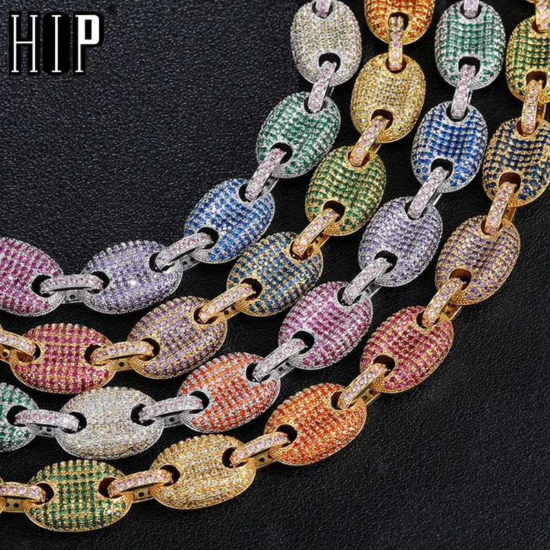 Hip Hop 11MM Heavy Coffee Beans Chain Iced Out Bling Colorful CZ Cuban Link Chain Solid Back Necklaces For Men Choker Jewelry