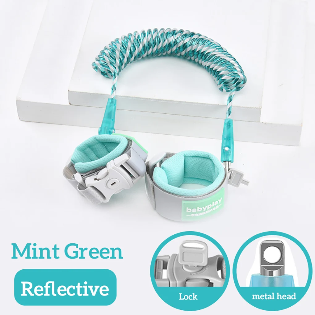 Kids Anti Lost Rope Reflective Leash Strap Wrist Link Baby Secure Walking Harness with Key Lock, Green, 1.5m