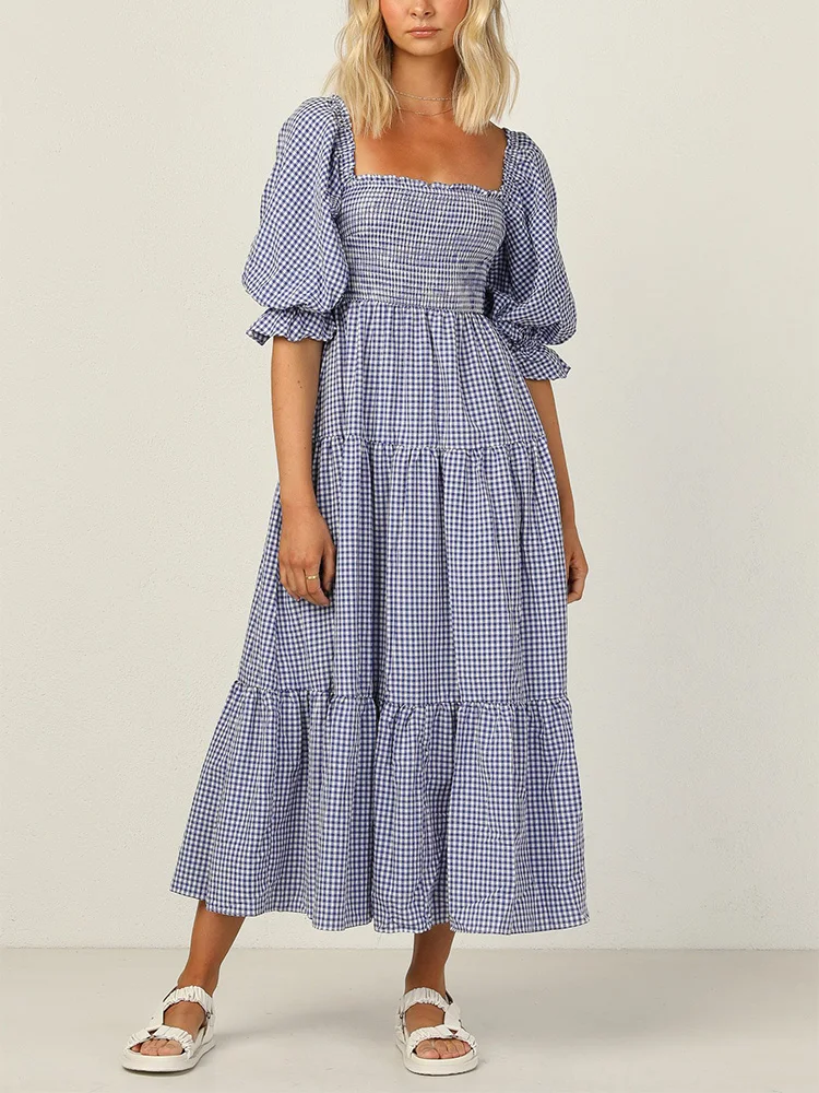 Summer Clothes For Women Dresses 2022 Smocked Tiered Belted Elegant Midi Dress Square Neck Puff Sleeve Casual Gingham Dress