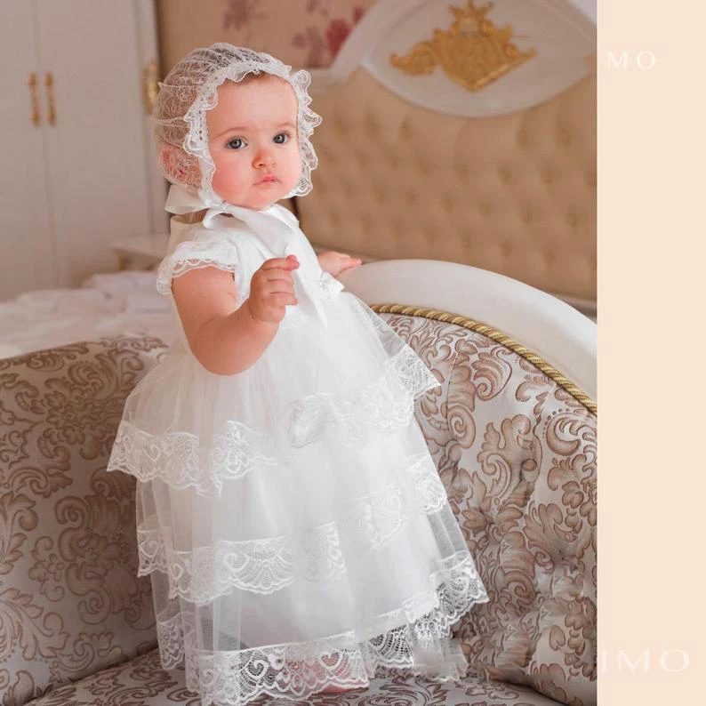 2021 Soft Tulle Christening Gownsน่ารักเด็กผู้หญิงแขนสั้นAppliques BaptismชุดเดรสBonnet Firstการสื่อสารDres