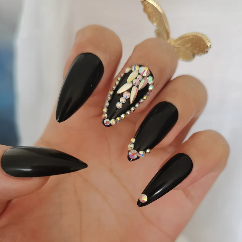 24pcs high-end fashion handmade crystal diamond long pointed fake nails sexy black