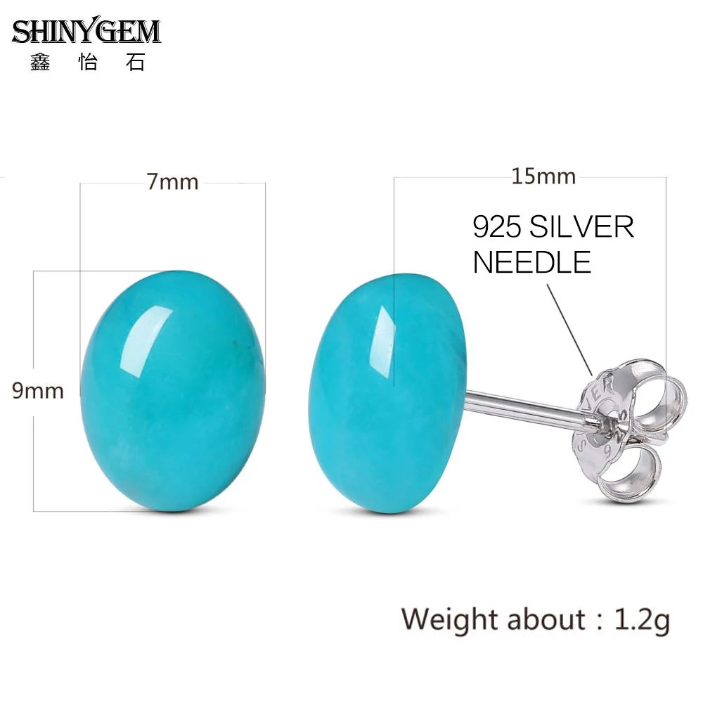 shinygem 925 sterling silver needle natural stone amazonite stud earrings blue oval gem elegant ear jewelry for women earrings