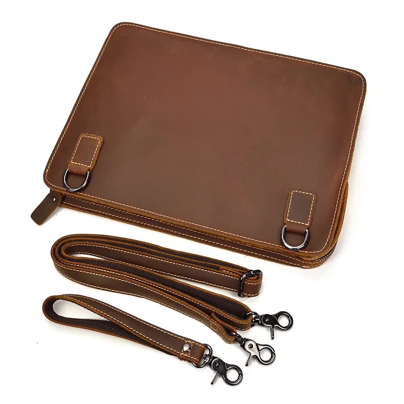 Men\'s Crazy horse leather clutch bag vintage genuine leather handbag high quality A4 iPad casual shoulder bag messenger bag