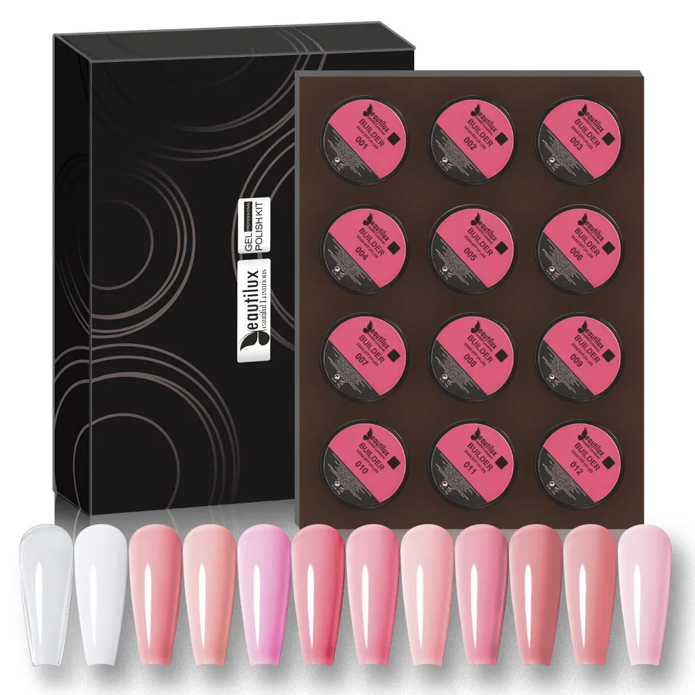 Beautilux Hard Building Nail Gel Kit 12pcs UV LED Clear Pink Camouflage Gel Set Soak Off Self Levelling Nails Art Design Gel