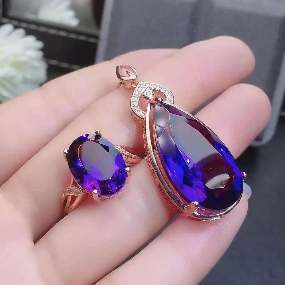 

Real Natural Amethyst jewelry set Natural Real Amethyst 925 sterling silver 1pc pendant,1pc ring