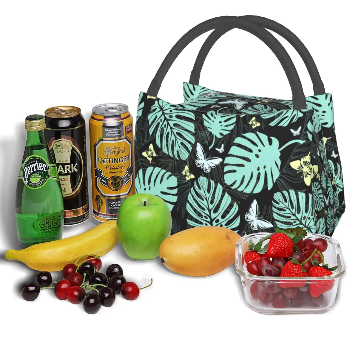 Portable Handbag Tote Lunch Bag Tropical Palm Leaves With Butterfly Print Thermal Insulated Lunch Bento Pouch Container Food Bag