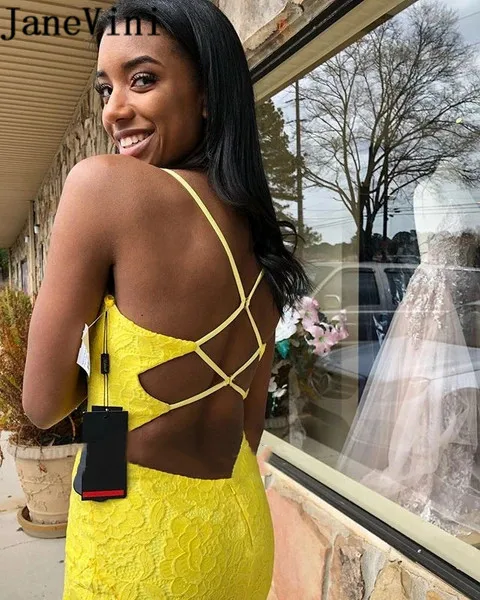 Janevini laço amarelo vestido de baile vestidos 2020 longo trompete sereia senhoras cintas espaguete sem costas formal festa à noite vestidos