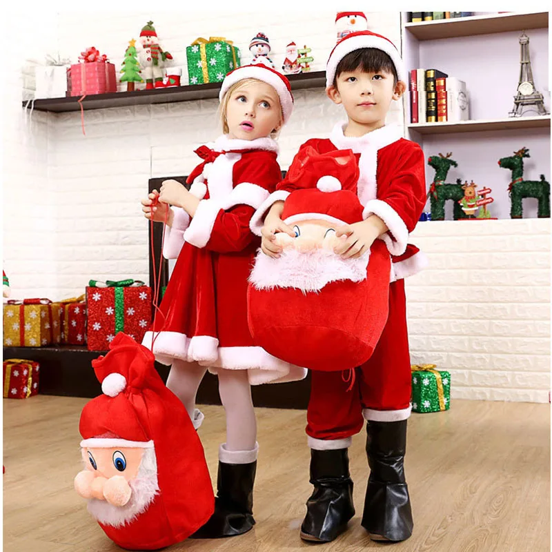 Christmas Dress Santa Claus Costume X-Mas Clothing Outfit Set Dress/Pants Tops Hat Cloak Belt For Boys Girls Cosplay Clothing