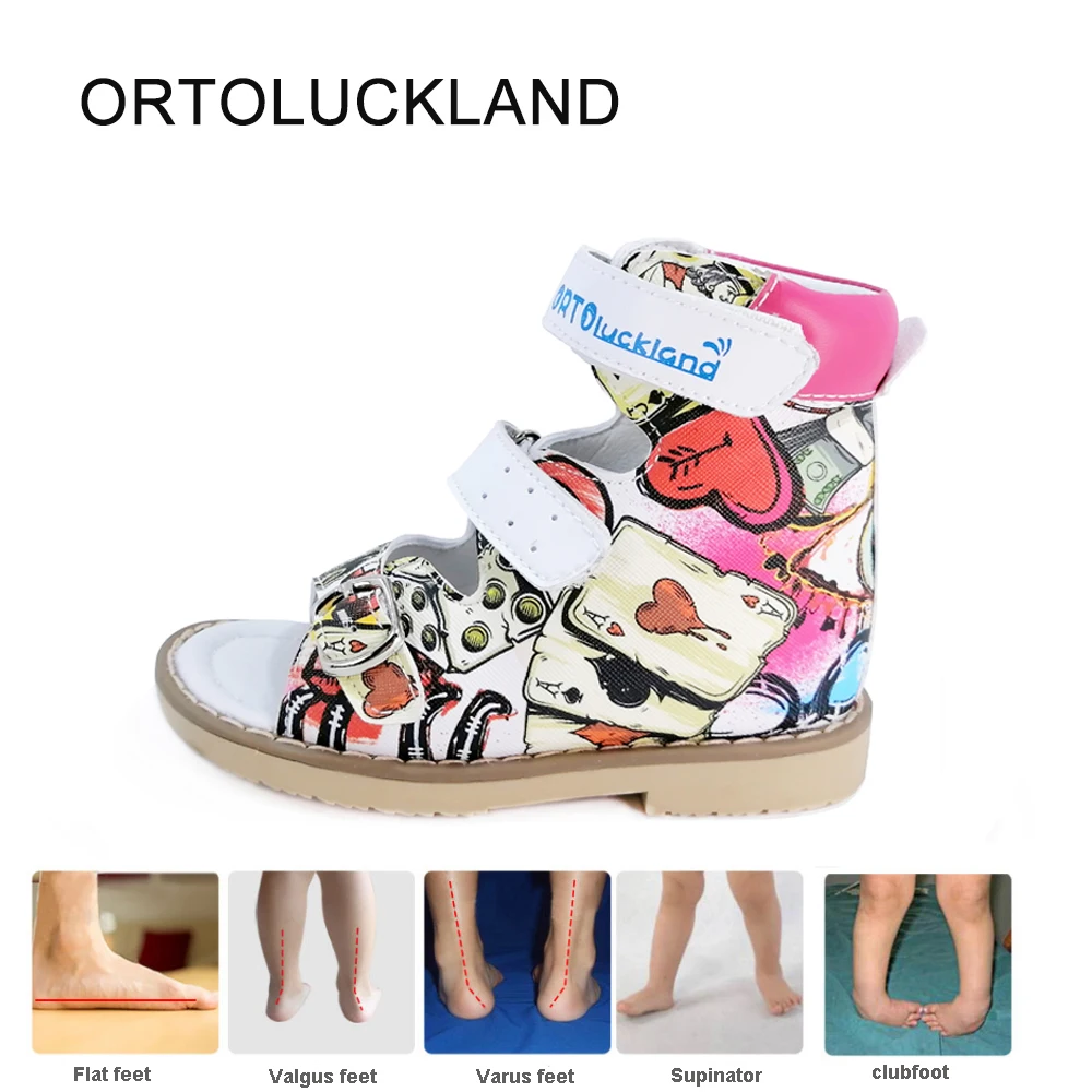 Ortoluckland Toddler Girl Sandals Kid Leather Orthopedic Shoes For Children Boys Pattern Graffiti Dance Arch Sole Platform