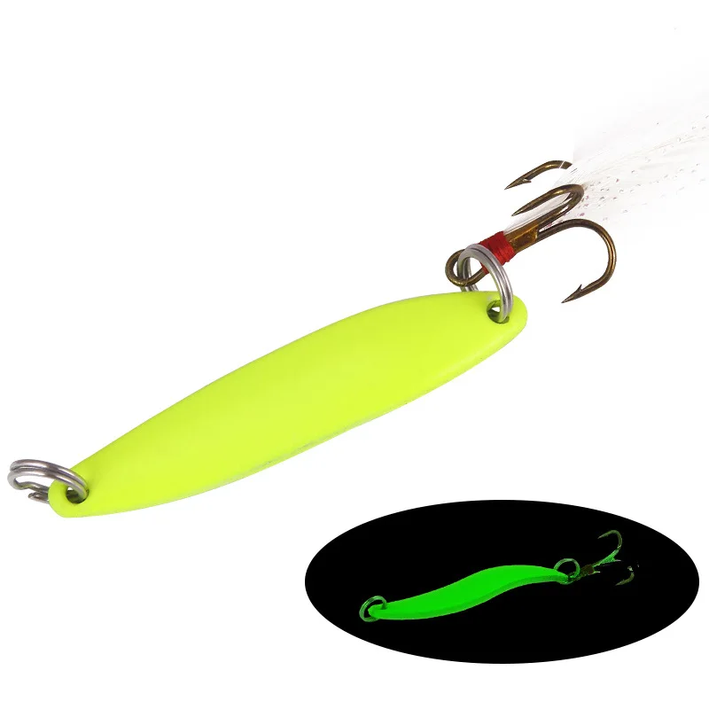 Cebo giratorio de Metal luminoso, señuelo de Pesca duro, lentejuelas con ganchos de pluma, Wobbler, aparejos de Pesca de lubina, 1 unidad, 5g, 7g,