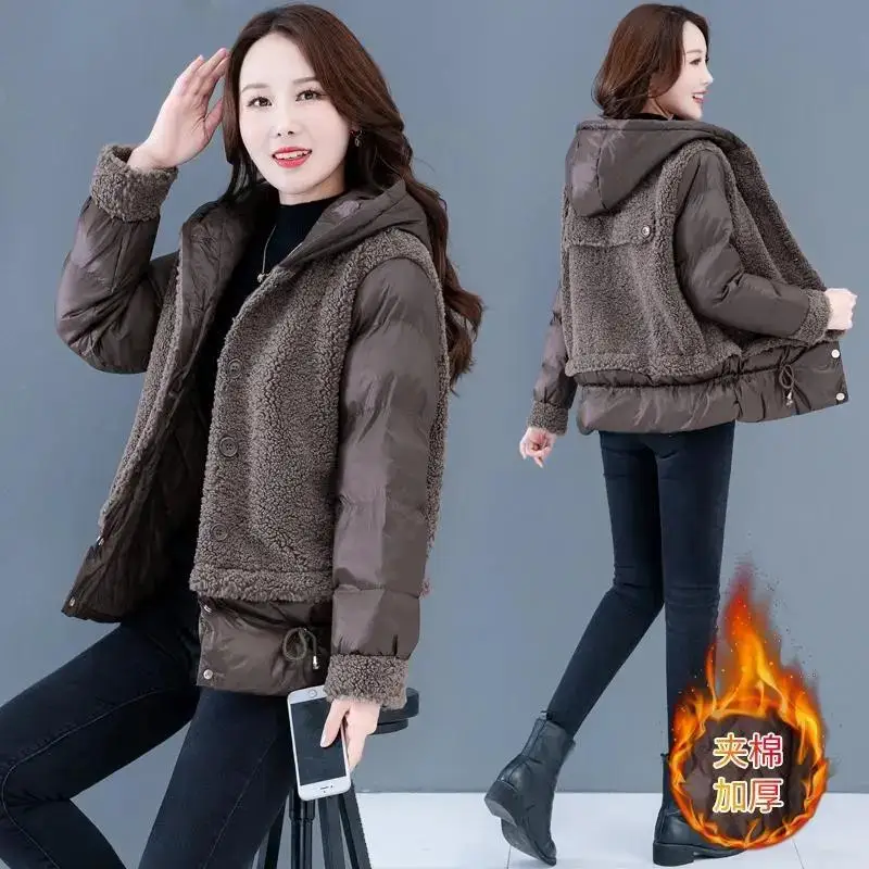 Loose Lamb Wool Jackets Women Autumn Winter Coat 2023 casaco feminino Thick Fashion Hooded Outerwear Female Down Cotton Jacket