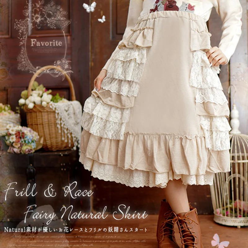 Musim semi Mori gadis wanita multilapis renda bordir jahitan rok kue wanita lucu Kawaii berlapis renda Ruffles Rok Midi A068