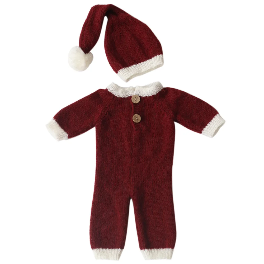 ❤️Newborn Photography Clothing Mohair Christmas Hat+Jumpsuit 2Pcs/set Studio Infant Photo Prop Accessories Santa Costume Outfits